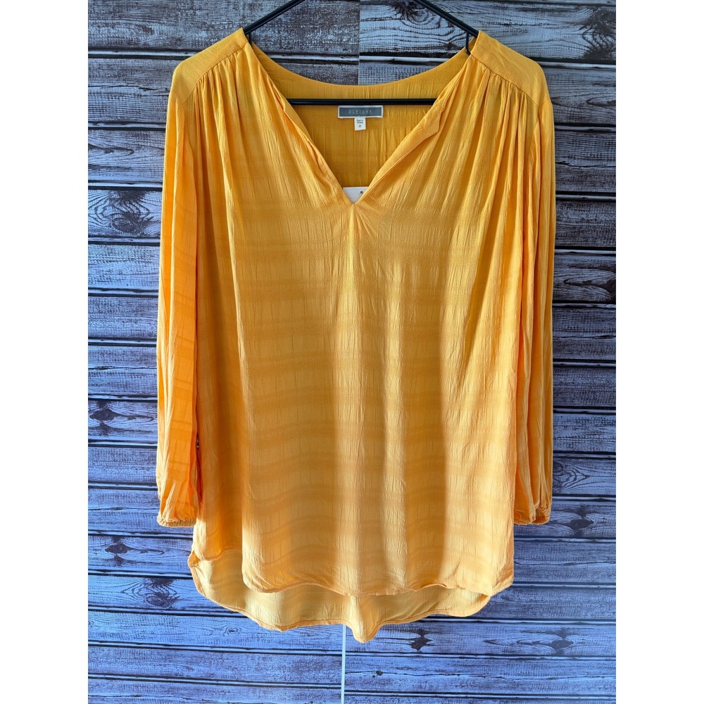 Pleione Women's Long-Sleeved Blouse Size M Orange-Yellow V-Neck NWT